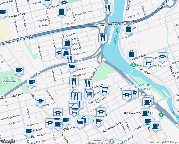 map of restaurants, bars, coffee shops, grocery stores, and more near 38 Christie Avenue in Clifton