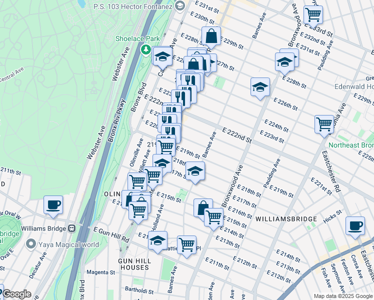 map of restaurants, bars, coffee shops, grocery stores, and more near 726 East 220th Street in Bronx