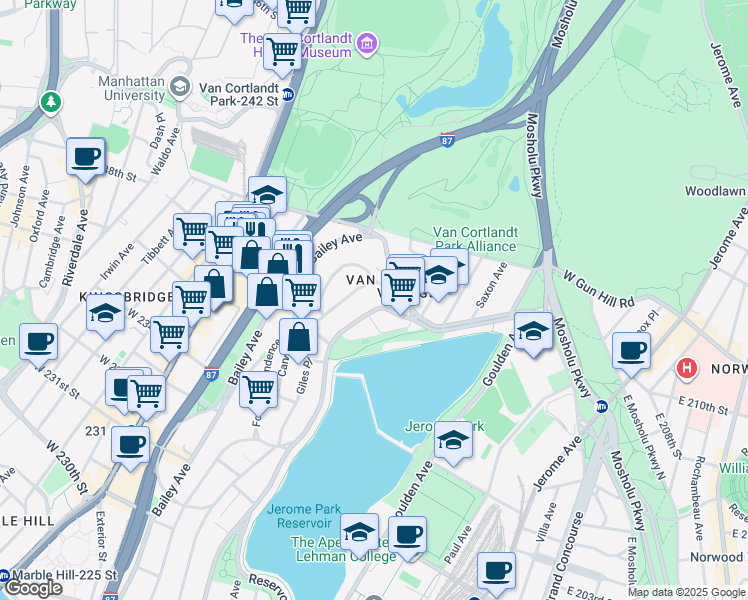 map of restaurants, bars, coffee shops, grocery stores, and more near 3915 Orloff Avenue in Bronx