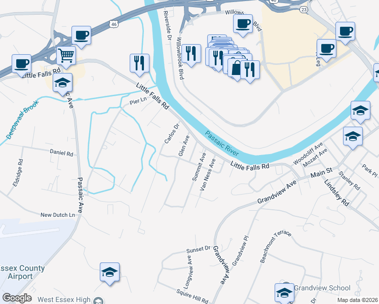map of restaurants, bars, coffee shops, grocery stores, and more near 202 Little Falls Road in Fairfield