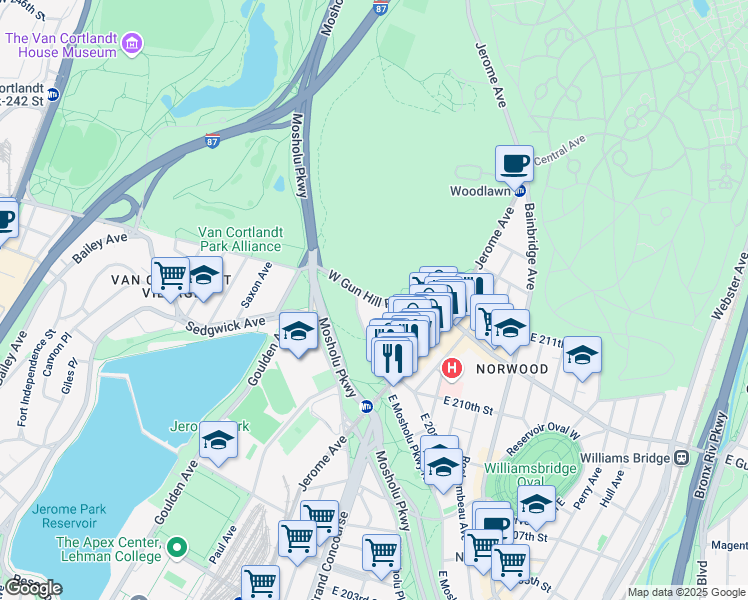 map of restaurants, bars, coffee shops, grocery stores, and more near West Gun Hill Road in The Bronx