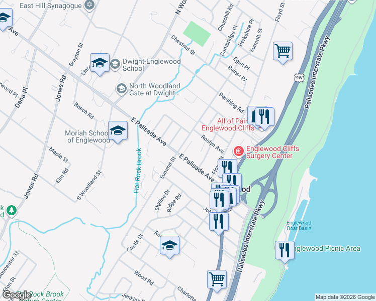 map of restaurants, bars, coffee shops, grocery stores, and more near in Englewood Cliffs
