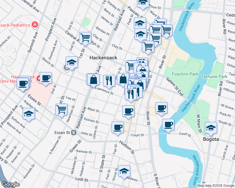 map of restaurants, bars, coffee shops, grocery stores, and more near 81 Trinity Place in Hackensack