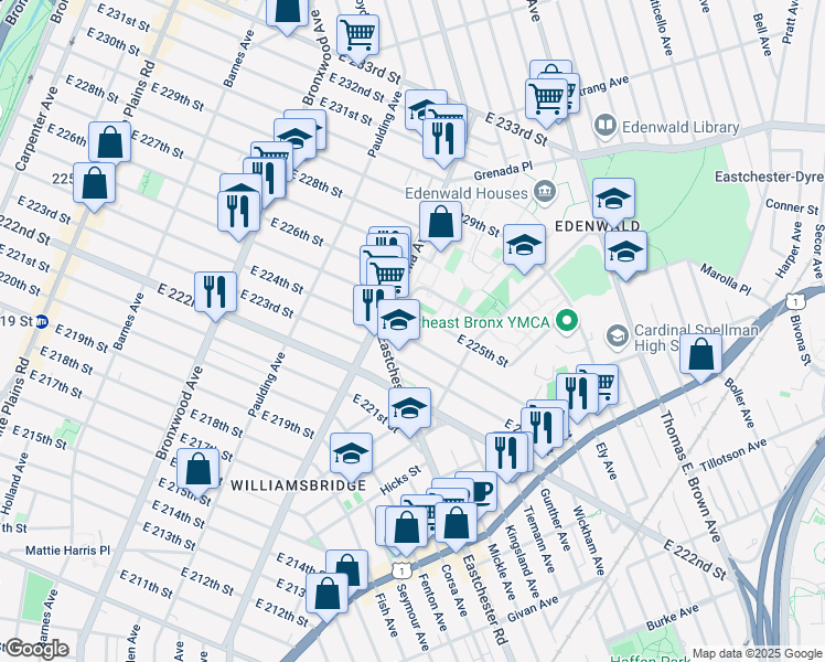 map of restaurants, bars, coffee shops, grocery stores, and more near 1138 226th Drive South in Bronx
