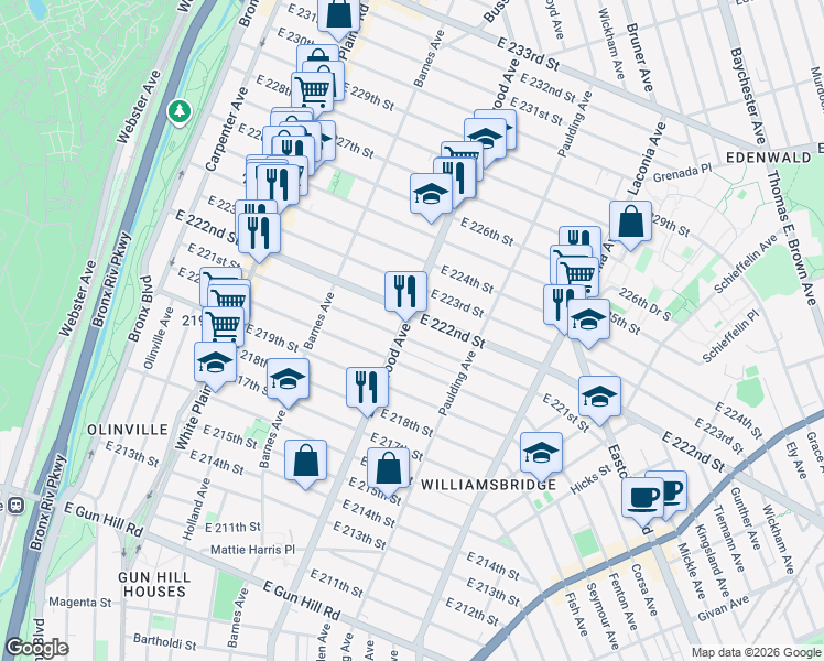 map of restaurants, bars, coffee shops, grocery stores, and more near 905 East 222nd Street in Bronx