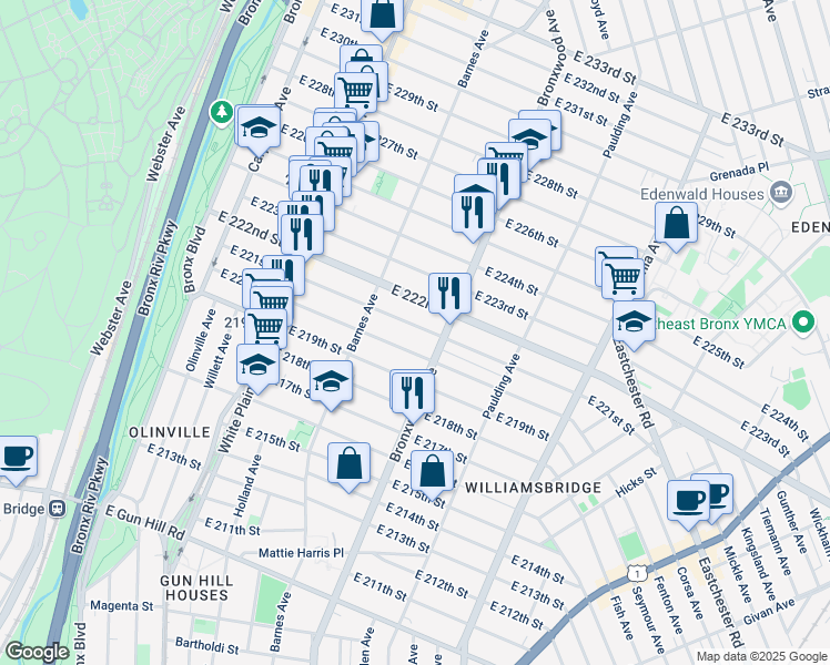map of restaurants, bars, coffee shops, grocery stores, and more near 844 East 222nd Street in Bronx
