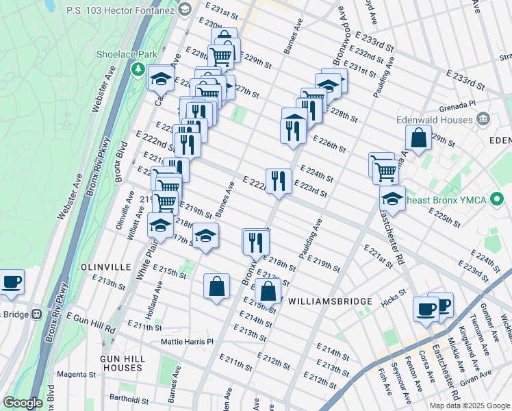 map of restaurants, bars, coffee shops, grocery stores, and more near 844 East 222nd Street in Bronx