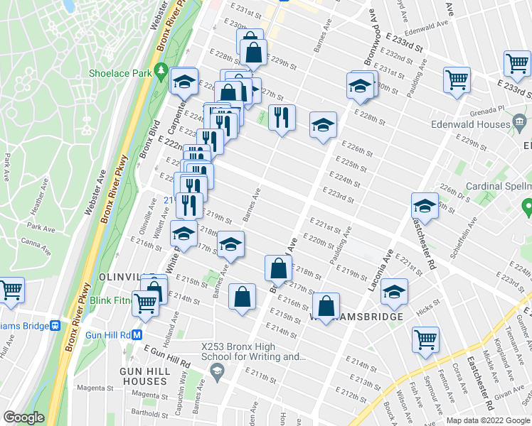 map of restaurants, bars, coffee shops, grocery stores, and more near 819 East 221st Street in Bronx