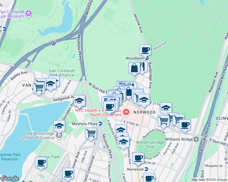 map of restaurants, bars, coffee shops, grocery stores, and more near 36 West Gun Hill Road in Bronx