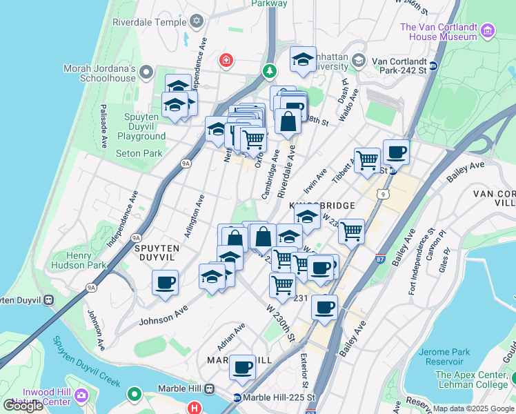 map of restaurants, bars, coffee shops, grocery stores, and more near 3206 Oxford Avenue in Bronx