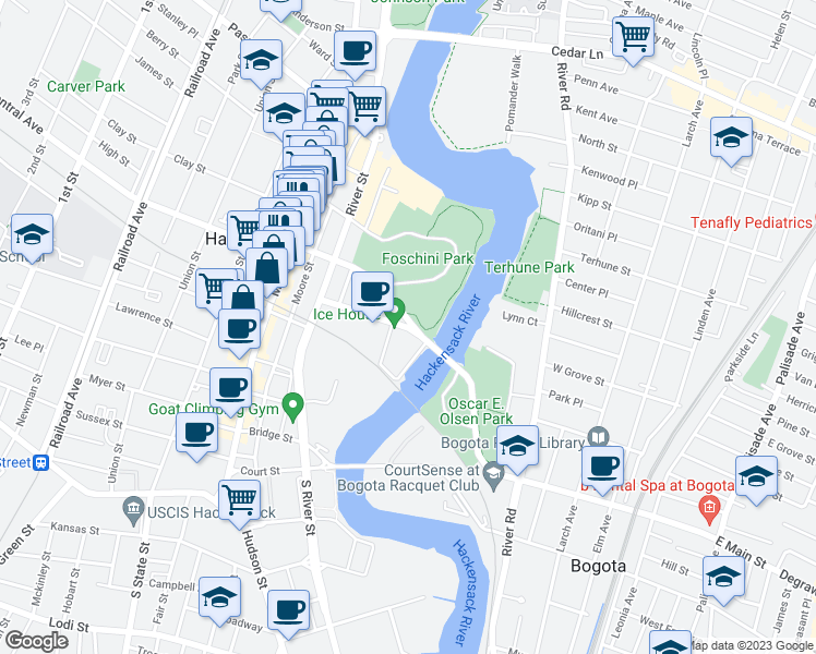 map of restaurants, bars, coffee shops, grocery stores, and more near 68-90 Salem Saint Exd in Hackensack