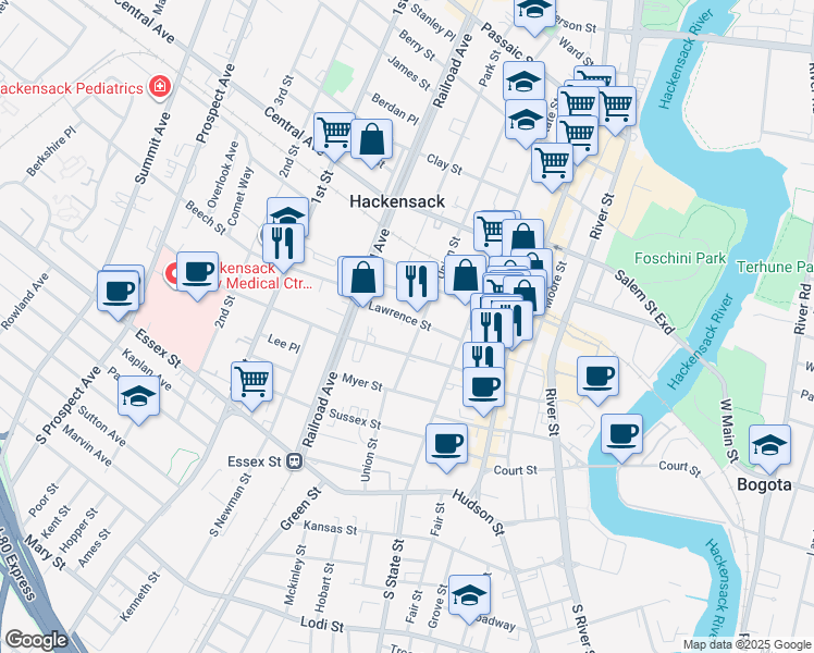map of restaurants, bars, coffee shops, grocery stores, and more near 114 Lawrence Street in Hackensack
