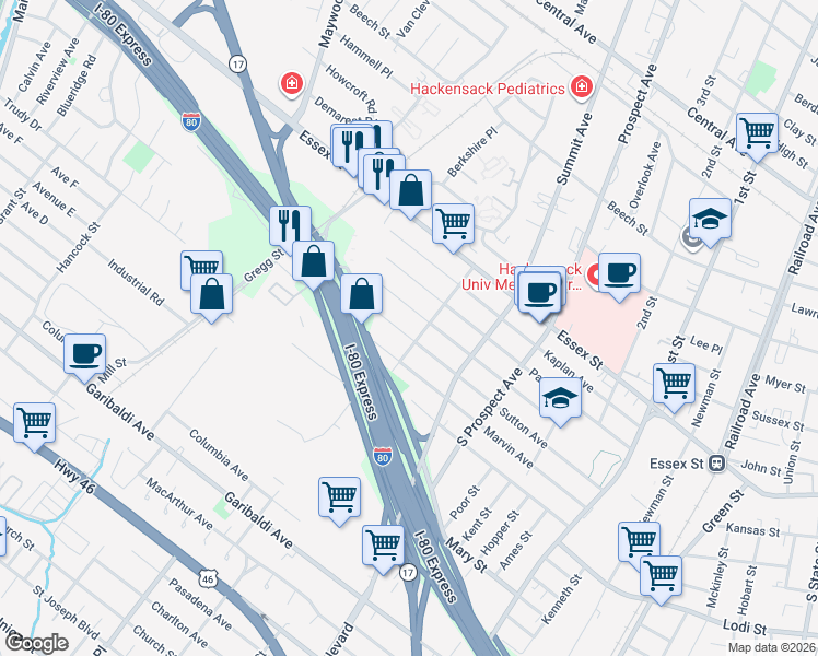 map of restaurants, bars, coffee shops, grocery stores, and more near 459 Simons Avenue in Hackensack