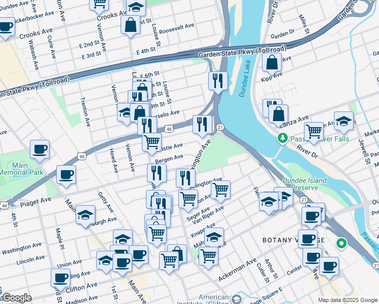 map of restaurants, bars, coffee shops, grocery stores, and more near 38 Christie Avenue in Clifton