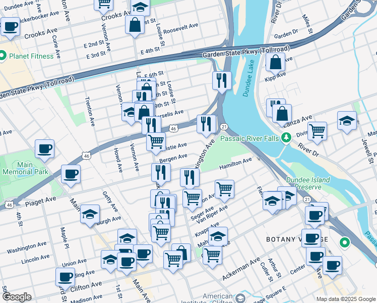 map of restaurants, bars, coffee shops, grocery stores, and more near 38 Christie Avenue in Clifton