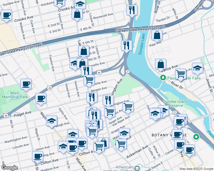 map of restaurants, bars, coffee shops, grocery stores, and more near 38 Christie Avenue in Clifton