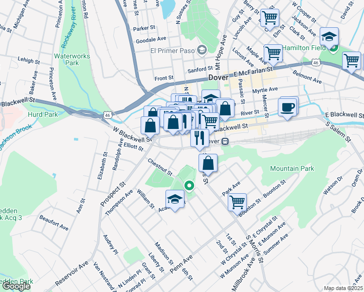 map of restaurants, bars, coffee shops, grocery stores, and more near 10 West Blackwell Street in Dover