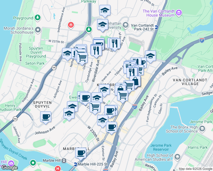 map of restaurants, bars, coffee shops, grocery stores, and more near Tibbett Ave & W 234th St in Bronx