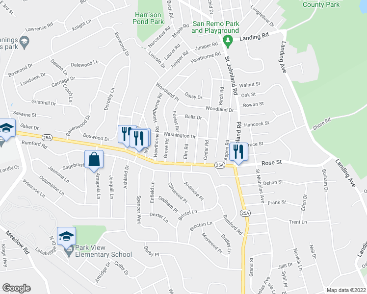 map of restaurants, bars, coffee shops, grocery stores, and more near 18 Elm Road in Kings Park