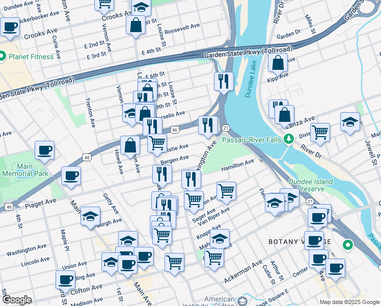 map of restaurants, bars, coffee shops, grocery stores, and more near 38 Christie Avenue in Clifton