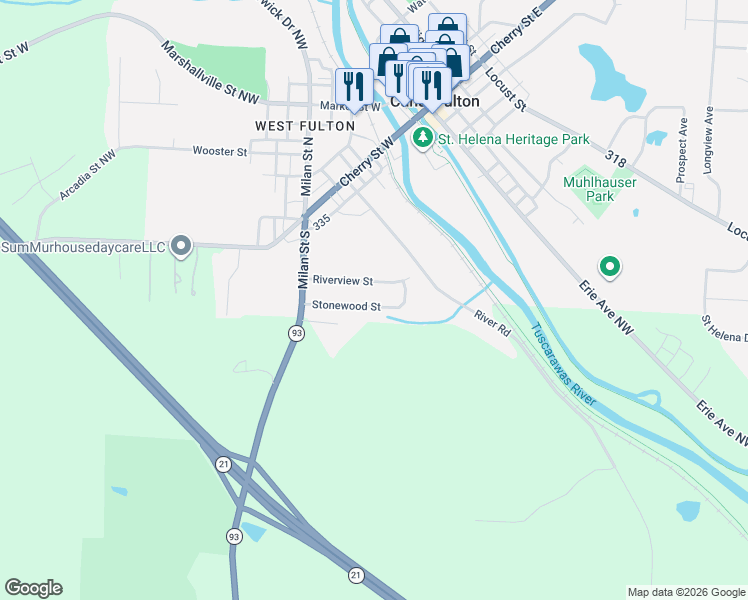 map of restaurants, bars, coffee shops, grocery stores, and more near 412 Riverview Street in Canal Fulton