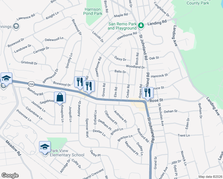 map of restaurants, bars, coffee shops, grocery stores, and more near 25 Forest Road in Kings Park
