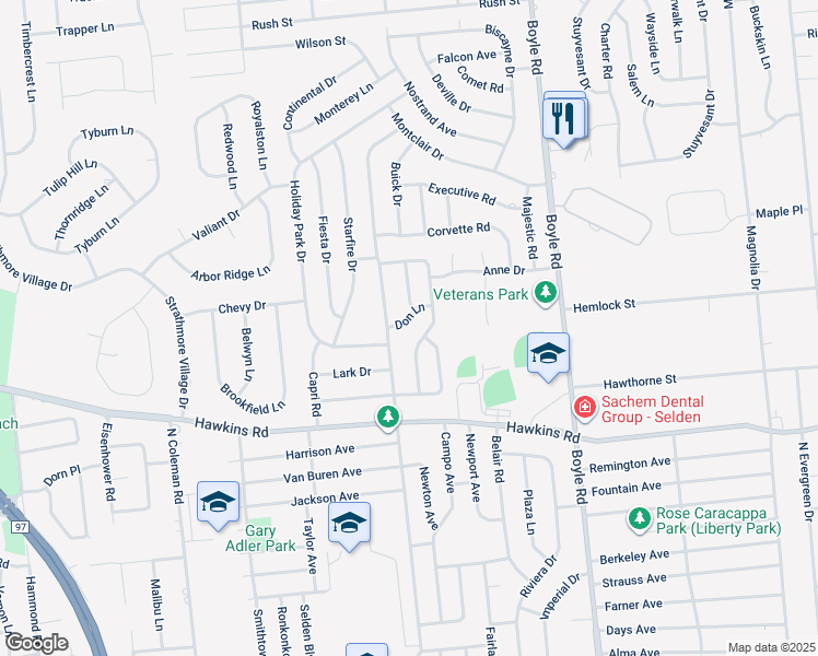 map of restaurants, bars, coffee shops, grocery stores, and more near 6 Don Lane in Selden