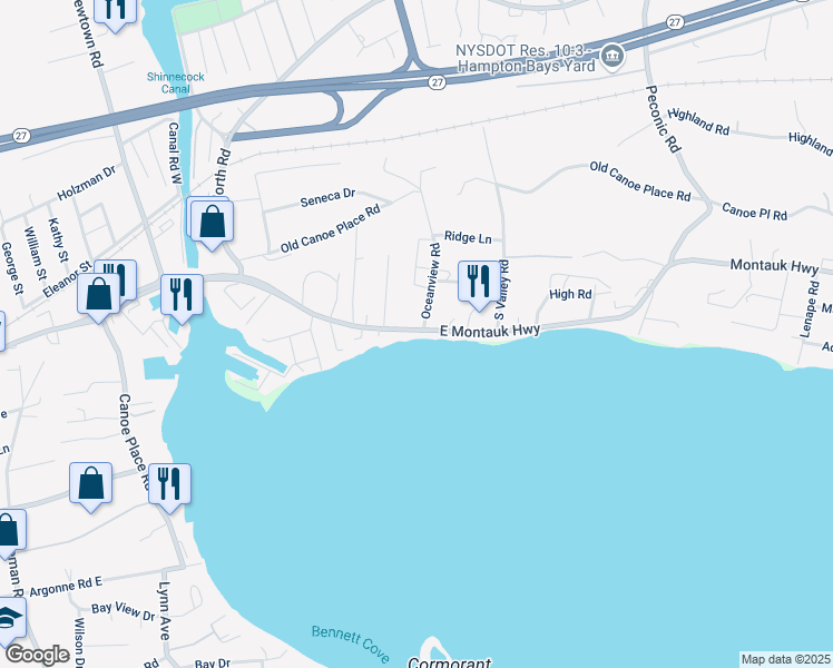 map of restaurants, bars, coffee shops, grocery stores, and more near 314 East Montauk Highway in Hampton Bays