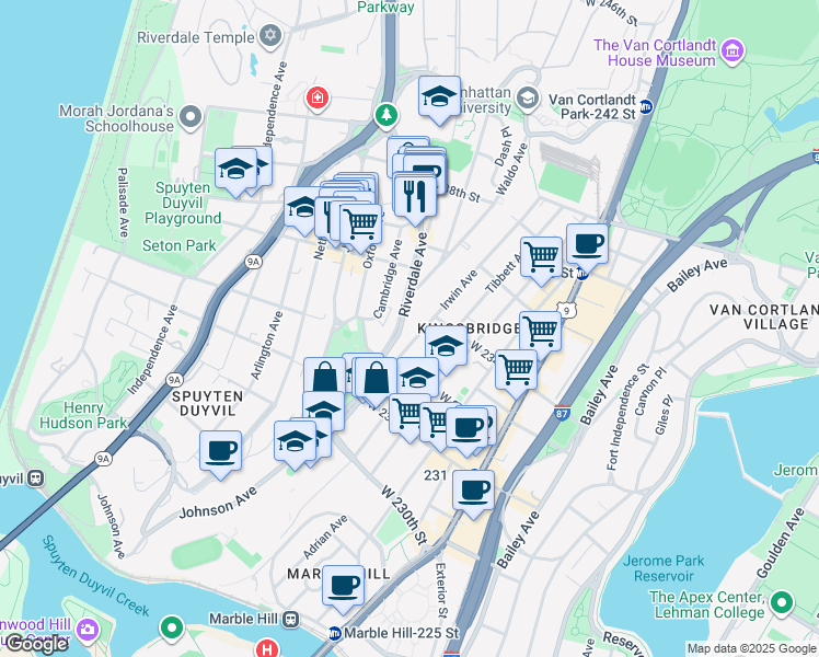 map of restaurants, bars, coffee shops, grocery stores, and more near 3240 Riverdale Avenue in Bronx