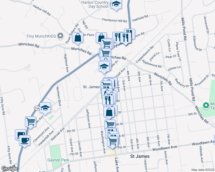 map of restaurants, bars, coffee shops, grocery stores, and more near in Saint James