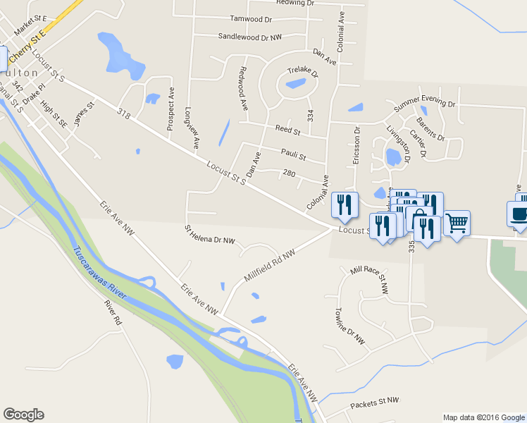 map of restaurants, bars, coffee shops, grocery stores, and more near 1651 Locust Street South in Canal Fulton