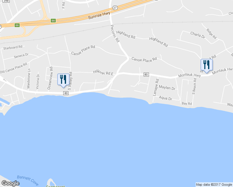 map of restaurants, bars, coffee shops, grocery stores, and more near 6 Peconic Road in Southampton