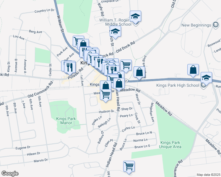 map of restaurants, bars, coffee shops, grocery stores, and more near in Kings Park