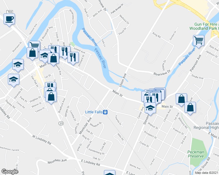 map of restaurants, bars, coffee shops, grocery stores, and more near 262 Main Street in Little Falls