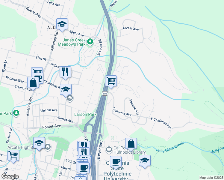 map of restaurants, bars, coffee shops, grocery stores, and more near 2820 L K Wood Boulevard in Arcata