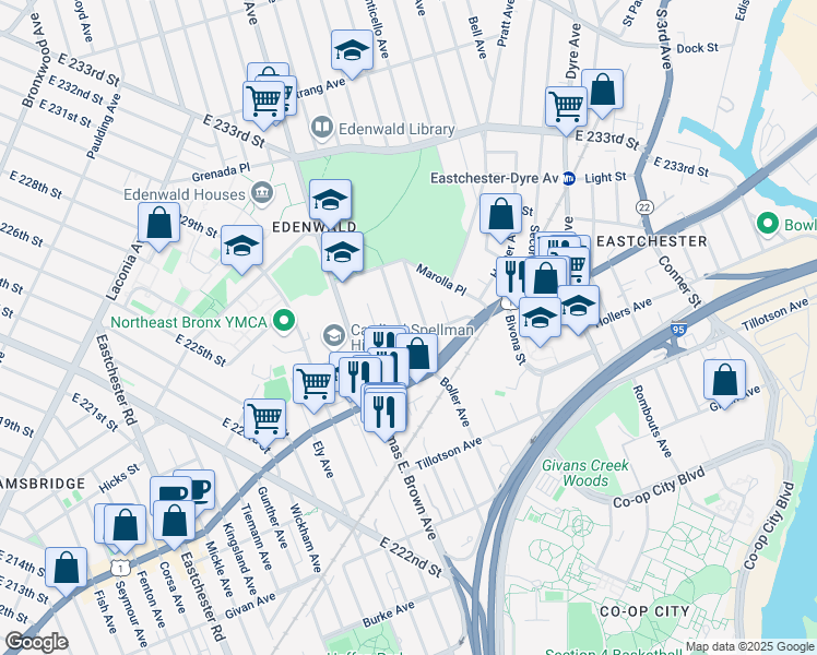 map of restaurants, bars, coffee shops, grocery stores, and more near 3625 Boller Avenue in Bronx