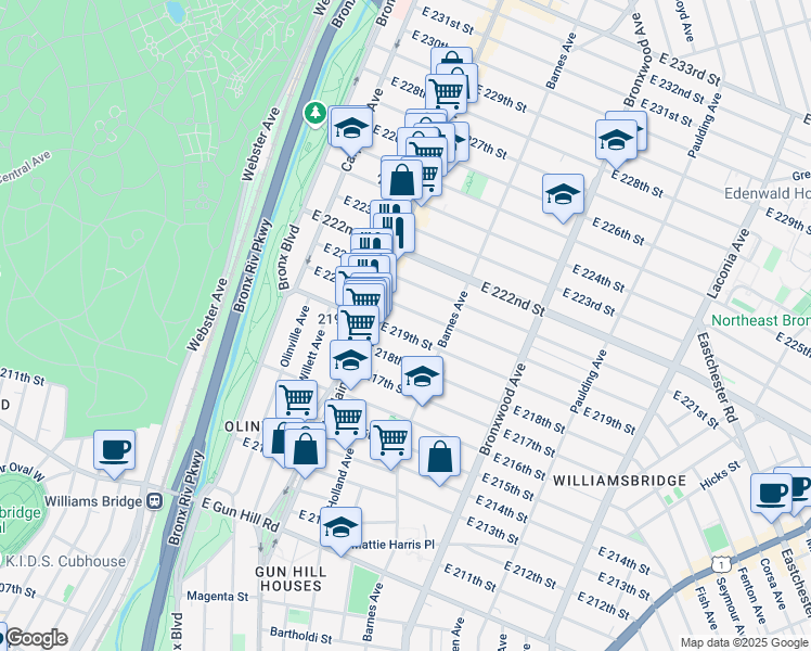 map of restaurants, bars, coffee shops, grocery stores, and more near 726 East 220th Street in Bronx