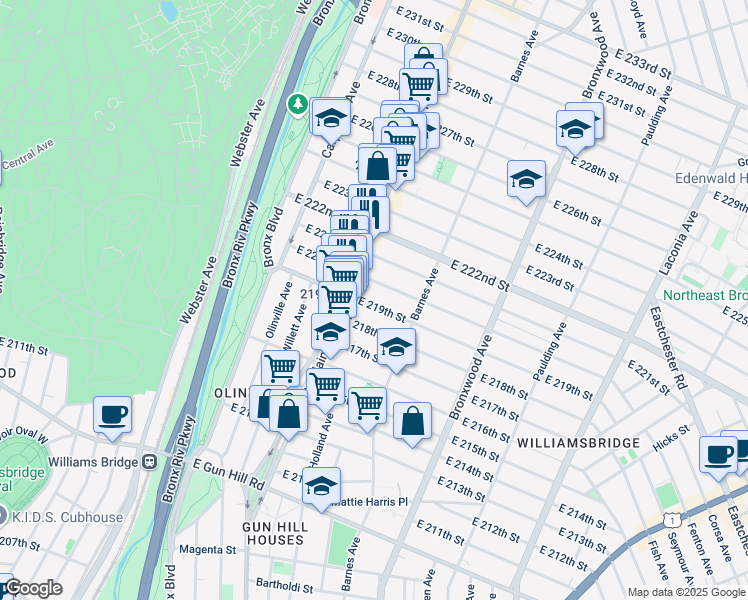map of restaurants, bars, coffee shops, grocery stores, and more near 726 East 220th Street in Bronx