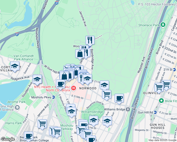 map of restaurants, bars, coffee shops, grocery stores, and more near 3594 Bainbridge Avenue in Bronx