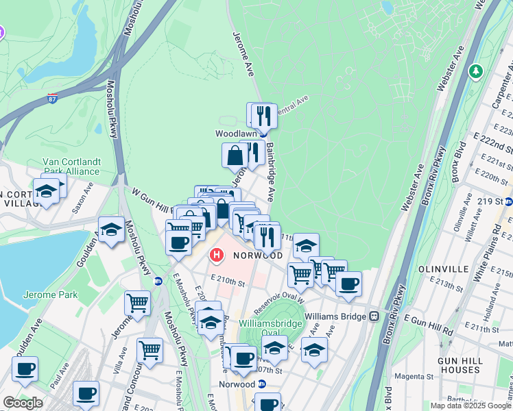 map of restaurants, bars, coffee shops, grocery stores, and more near 3594 Bainbridge Avenue in Bronx