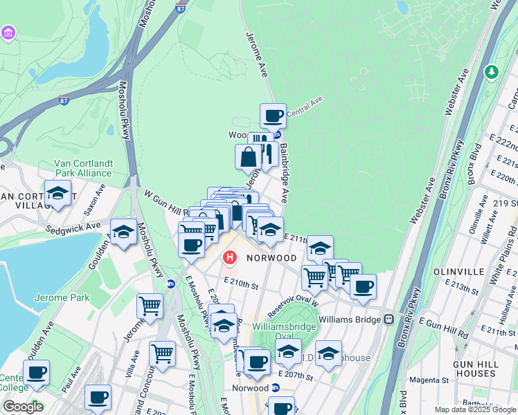 map of restaurants, bars, coffee shops, grocery stores, and more near 3563 Dekalb Avenue in The Bronx