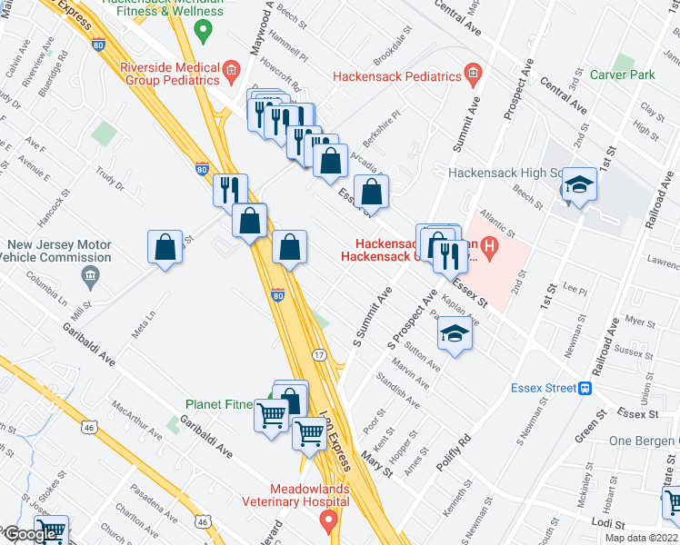 map of restaurants, bars, coffee shops, grocery stores, and more near 459 Simons Avenue in Hackensack