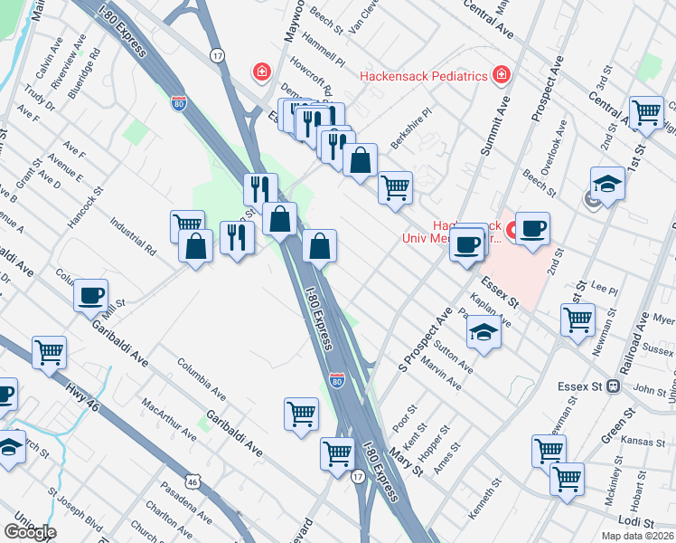 map of restaurants, bars, coffee shops, grocery stores, and more near 480 Sutton Avenue in Hackensack