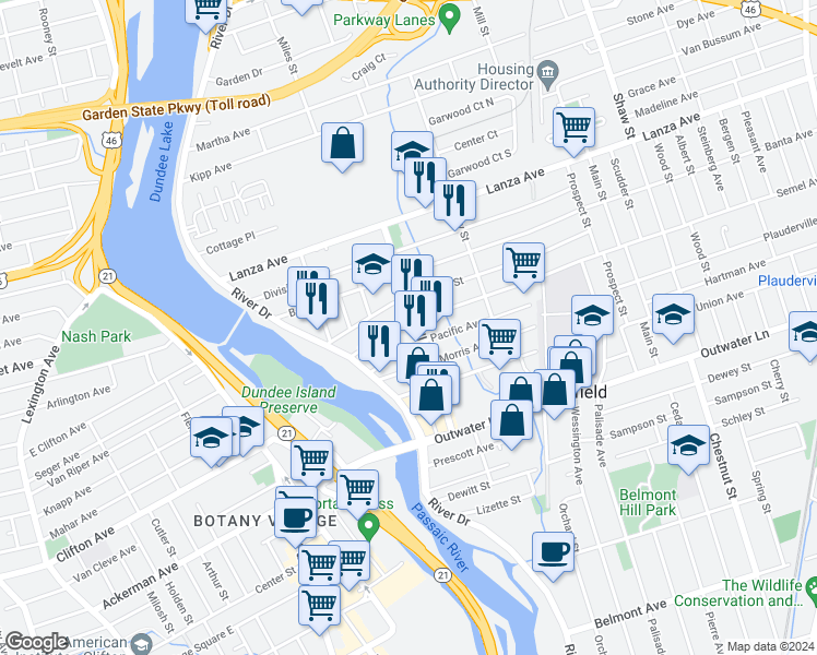 map of restaurants, bars, coffee shops, grocery stores, and more near 104 Jewell Street in Garfield