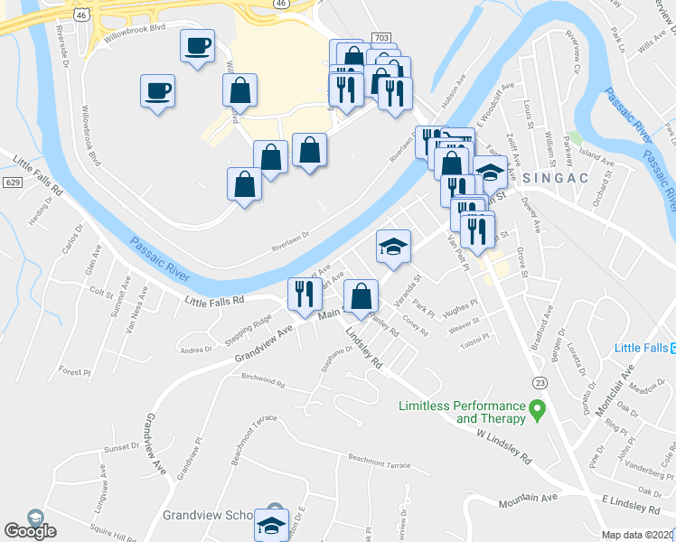 map of restaurants, bars, coffee shops, grocery stores, and more near 12 Mozart Avenue in Little Falls