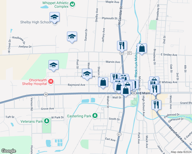 map of restaurants, bars, coffee shops, grocery stores, and more near 40 Sharon Street in Shelby