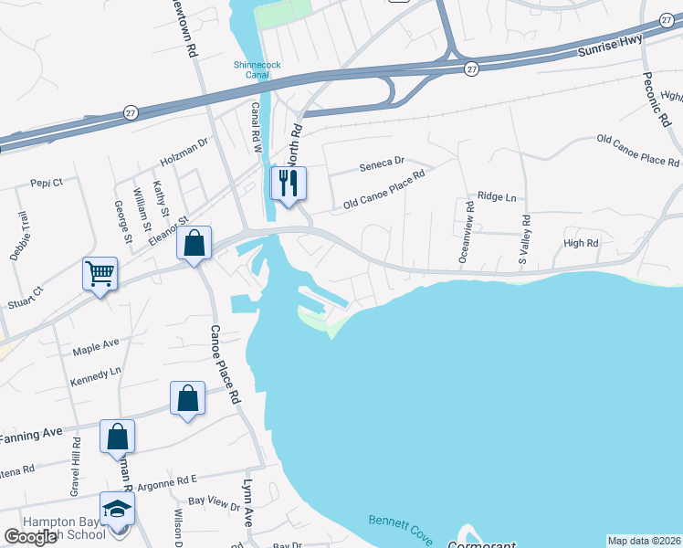 map of restaurants, bars, coffee shops, grocery stores, and more near 288 East Montauk Highway in Hampton Bays