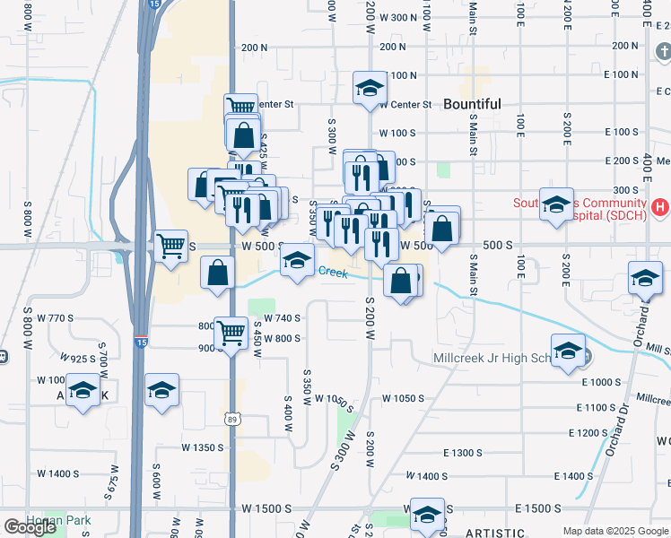map of restaurants, bars, coffee shops, grocery stores, and more near 305 West 500 South in Bountiful
