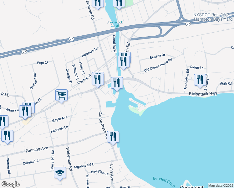map of restaurants, bars, coffee shops, grocery stores, and more near 258 East Montauk Highway in Hampton Bays