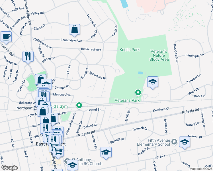 map of restaurants, bars, coffee shops, grocery stores, and more near 21 Ridgewood Street in East Northport